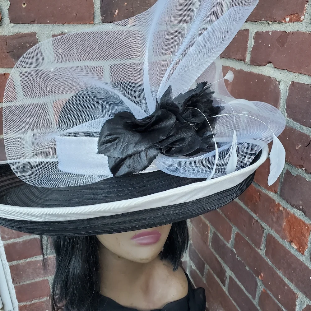Whittail and Shon Black and White Wide Brim Fascinator Hat Feather Haute Couture